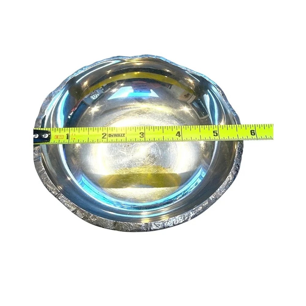 Modern Silver Metal Decorative Bowl Textured Raw Edge Polished Interior 6 Inch‎